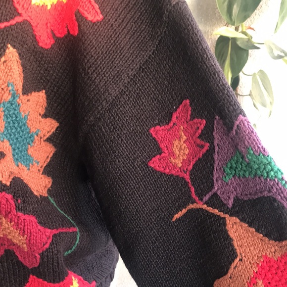 VINTAGE | Black Fall Leaves Hand Knit Grannycore Sweater Cardigan - Picture 7 of 13